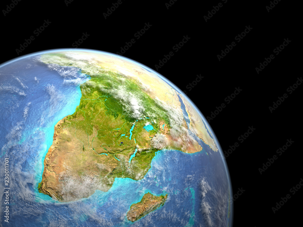 Africa on planet Earth from space. Extremely fine detail of planet surface with real plastic mountains and ocean floor.