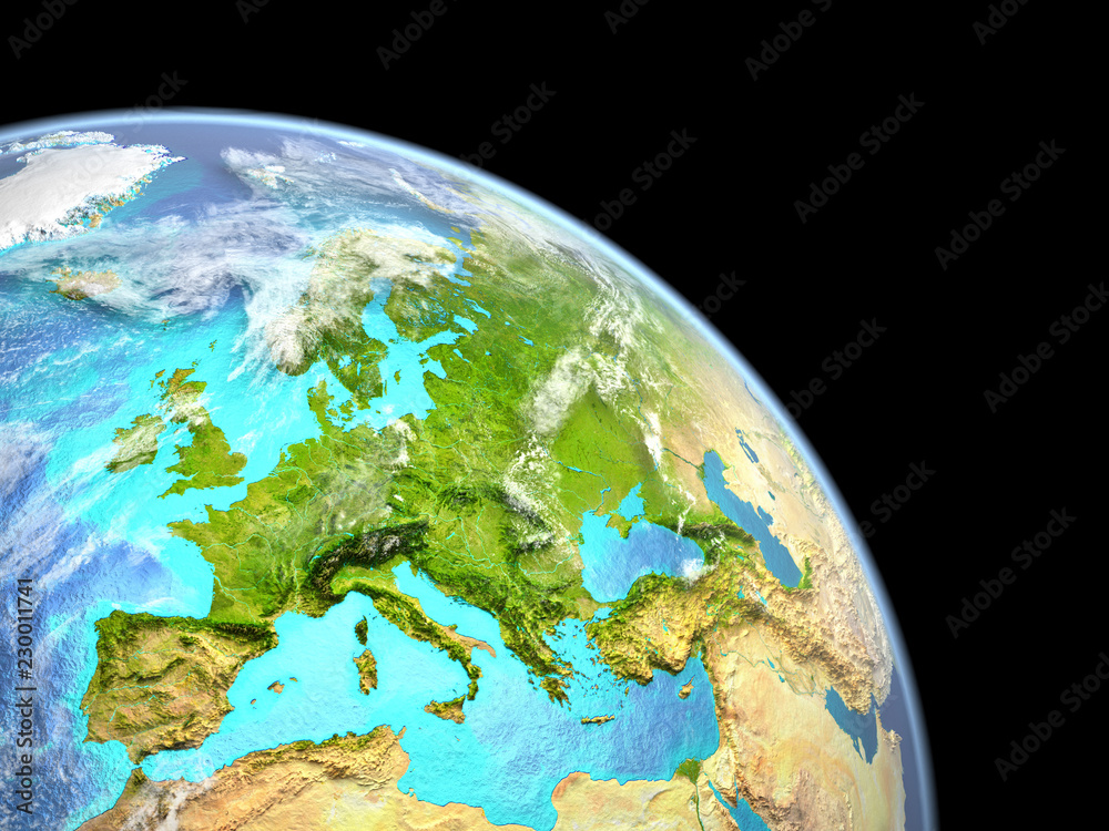 Europe on planet Earth from space. Extremely fine detail of planet surface with real plastic mountains and ocean floor.