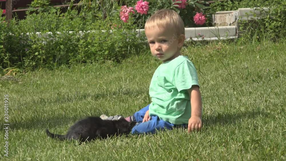 Baby plays with little black cat on grass Baby plays with little black cat on grass
