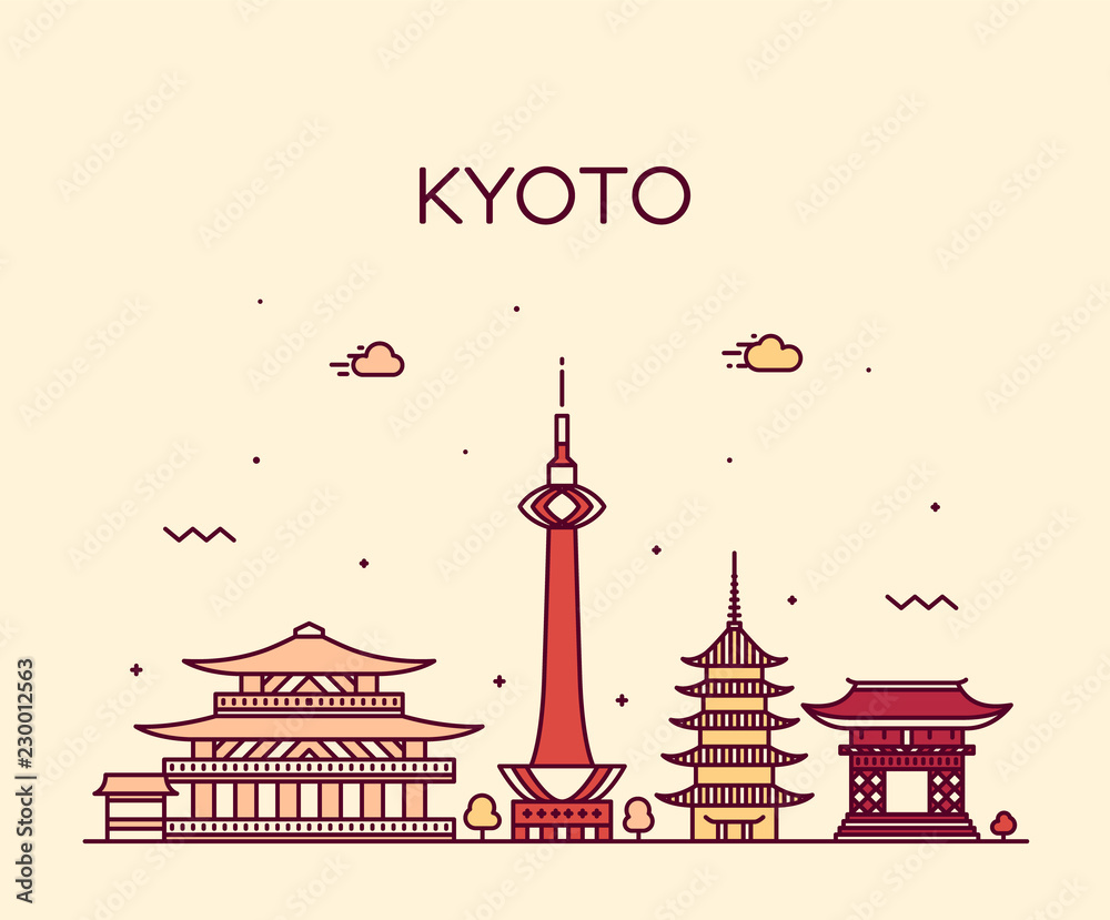Naklejka premium Kioto, Japonia miasto styl liniowy wektor