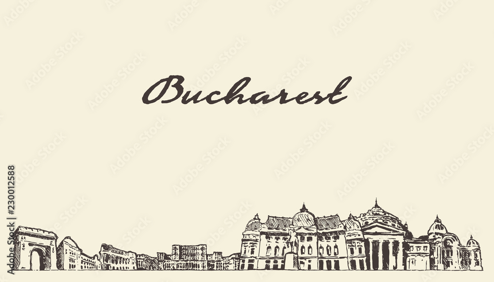 Bucharest skyline Romania vector city draw sketch