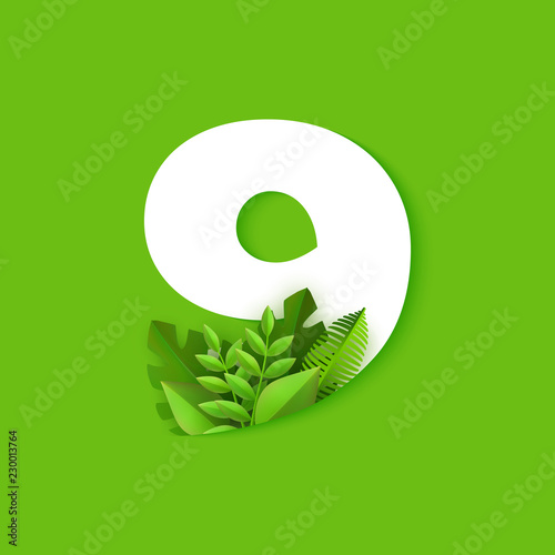 Vector illustration of number nine with plant leaves isolated on green background - numeral 9 with fresh tropical foliage. Seasonal element for modern floral design.