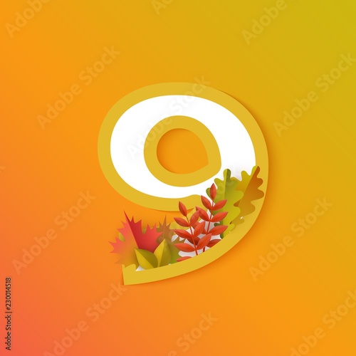 Vector autumn nine number 9 with forest leaves on orange background. Seasonal typography symbol illustration with floral maple oak tree leaves, thanksgiving holiday sign