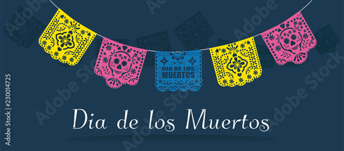 Dia de los muertos (day of the dead) Mexican  traditional bunting banner vector. Papel picado background.