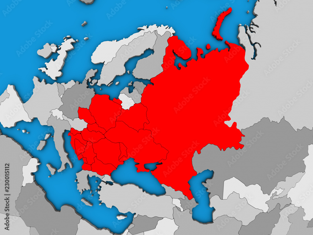 Eastern Europe on blue political 3D globe.