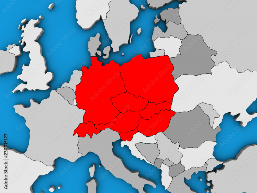 Central Europe on blue political 3D globe.