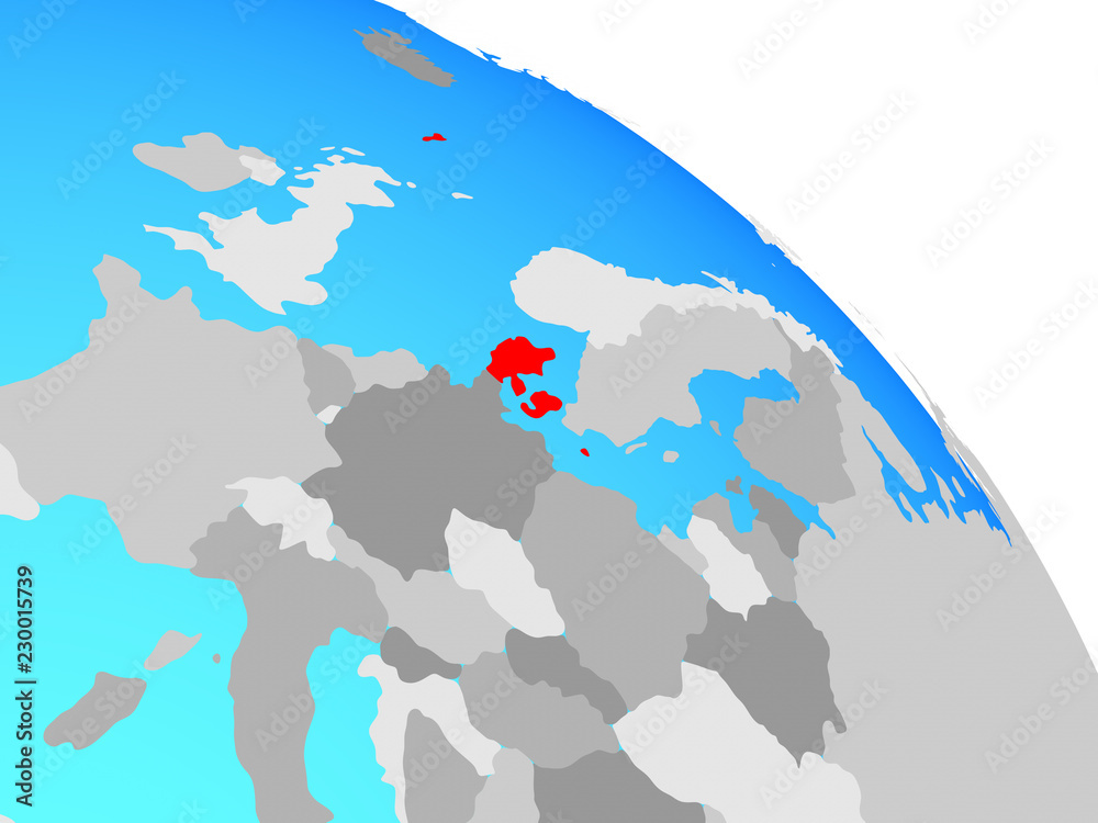 Denmark on simple blue political globe.