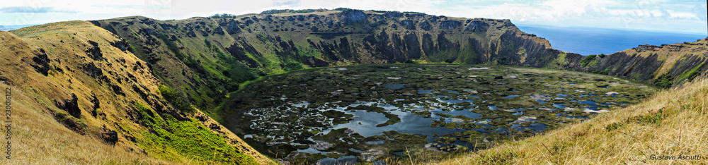 Rano Kau volcan crater Panoramic view of Easter Island, a tourist destination in Chile, showing its natural characteristics, relief, vegetation and archaeological sites. Rapa Nui, moai Isla de Pascua