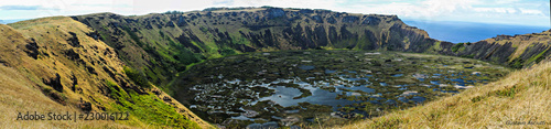 Rano Kau volcan crater Panoramic view of Easter Island, a tourist destination in Chile, showing its natural characteristics, relief, vegetation and archaeological sites. Rapa Nui, moai Isla de Pascua