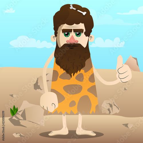 Cartoon caveman making thumbs up sign. Vector illustration of a man from the stone age.