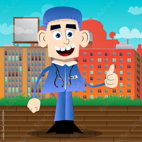 Funny cartoon doctor making thumbs up sign. Vector illustration.