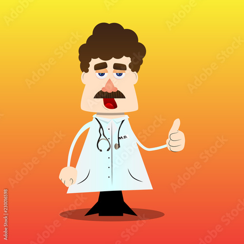 Funny cartoon doctor making thumbs up sign. Vector illustration.