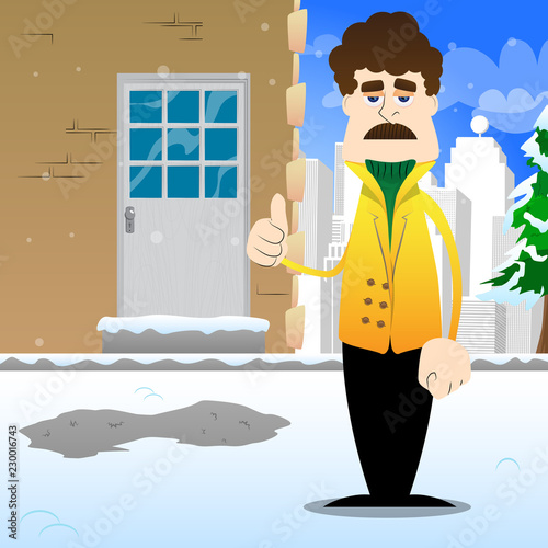 Funny cartoon man dressed for winter making thumbs up sign. Vector illustration.