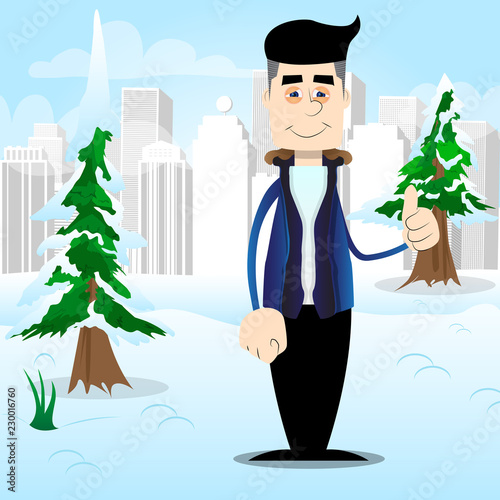 Funny cartoon man dressed for winter making thumbs up sign. Vector illustration.