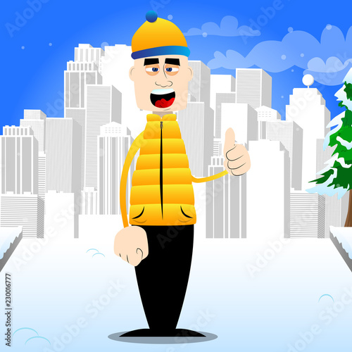 Funny cartoon man dressed for winter making thumbs up sign. Vector illustration.