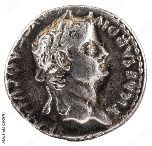 Ancient Roman silver denarius coin of Emperor Tiberius. Obverse.