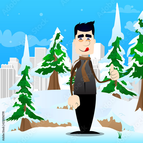 Funny cartoon man dressed for winter making thumbs up sign. Vector illustration.