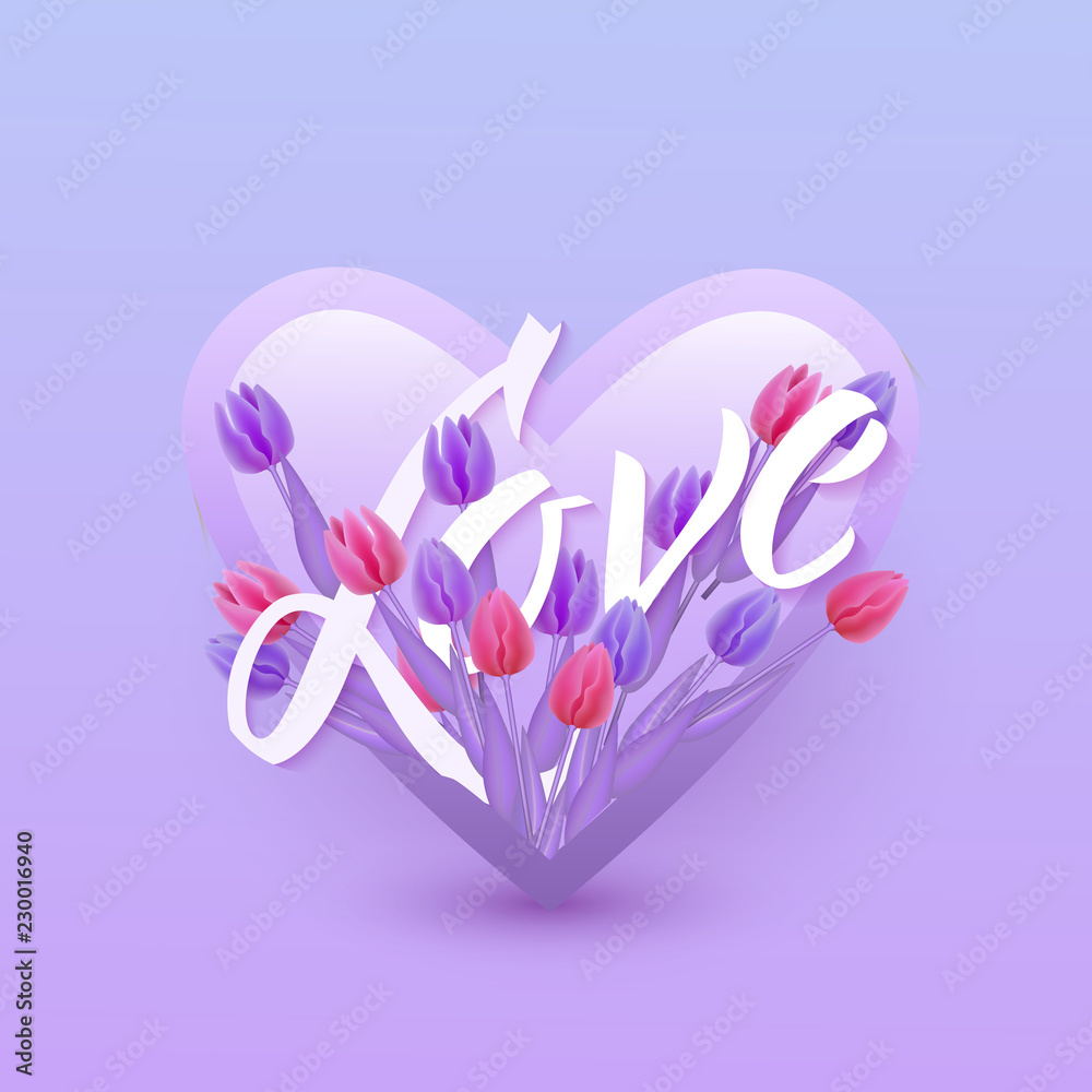 Vector illustration of Love text floral design with letters in bouquet of violet and pink tulips in heart shape isolated on gradient background. Romantic element for Valentines day or wedding.