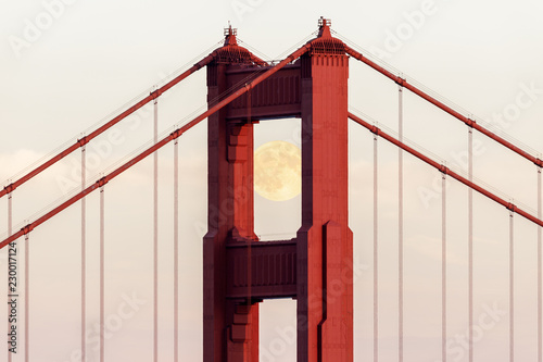 October Moonrise over the Bridge. The Golden Gate Bridge shot from the Marin Headlands, Marin County, California, USA.