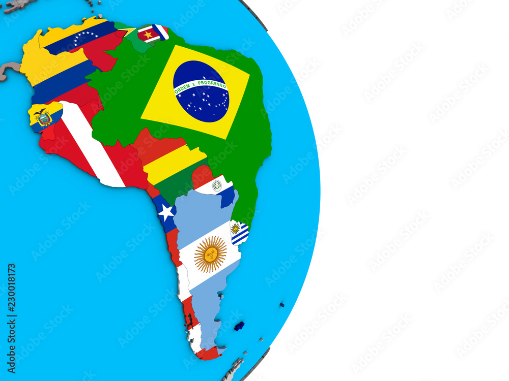 South America with embedded national flags on simple political 3D globe.