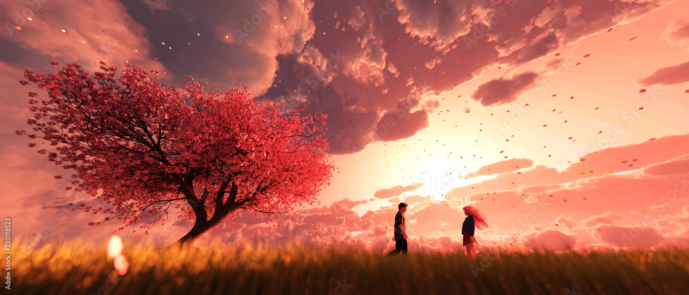 Fototapeta premium Garden of heaven,Couple in field with sakura tree flower at sunrise or sunset sky,3d rendering