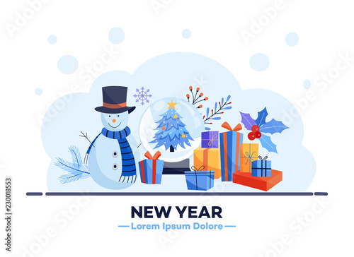 Winter sale poster with christmas tree in globe with present boxes with ribbons, snowman in hat and scarf, santa bag with gifts and holly leaves. Merry christmas, new year discount, sale vector