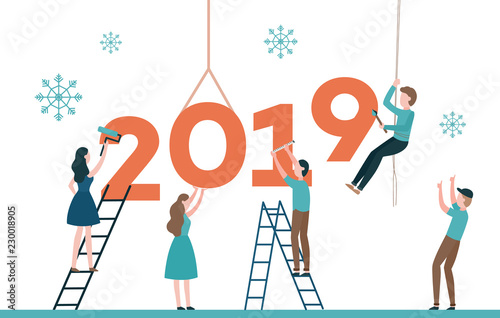 Vector illustration of 2019 text design with people constructing and painting big number surrounded by snowflakes isolated on white background. New Year flat congratulation design with builders.