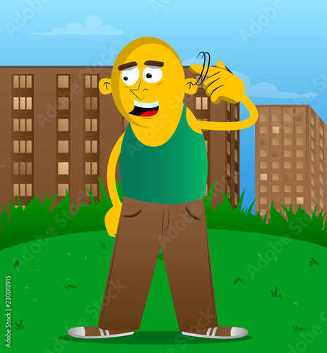 Yellow man shows a you're nuts gesture by twisting his finger around his temple. Vector cartoon illustration.