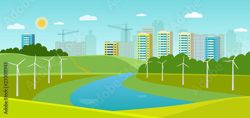Summer landscape with forest,river and wind turbine. Cityscape panoramic. Vector flat style illustration