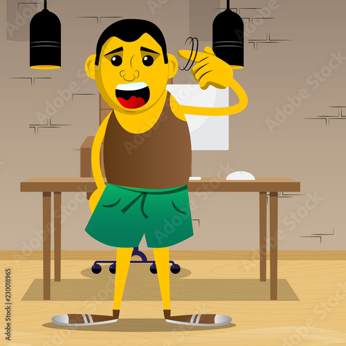 Yellow man shows a you're nuts gesture by twisting his finger around his temple. Vector cartoon illustration.