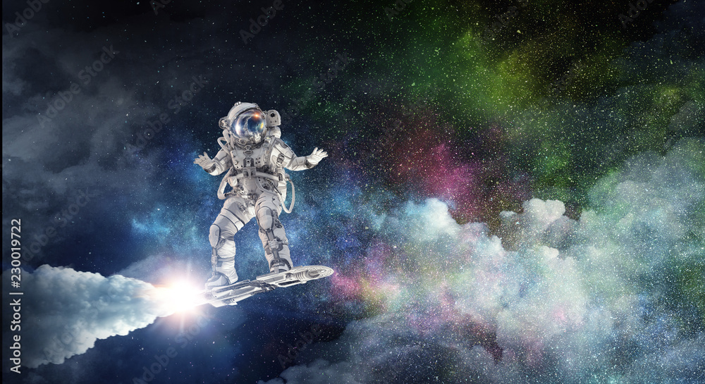 Fototapeta premium Spaceman on flying board. Mixed media