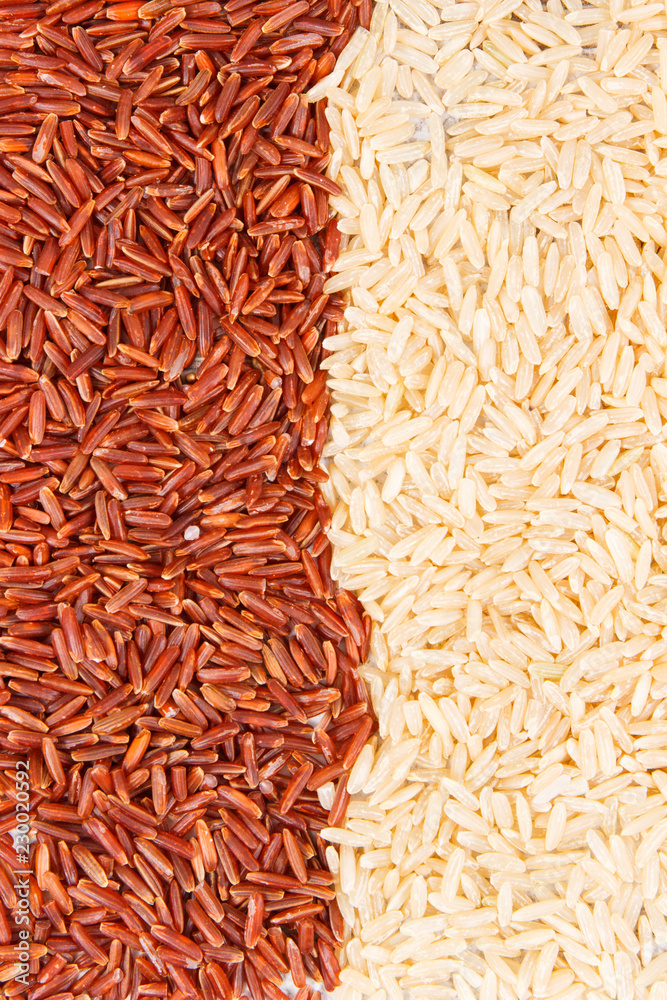 Heap of brown and red rice as background, healthy, gluten free nutrition concept