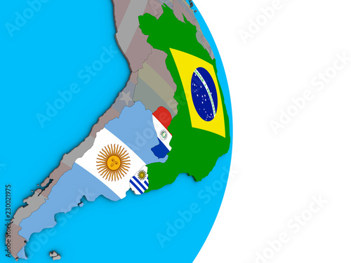 Mercosur memebers with embedded national flags on simple political 3D globe. photo