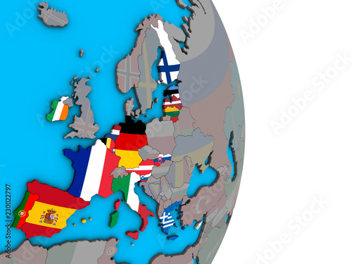 Eurozone member states with flags on 3D globe