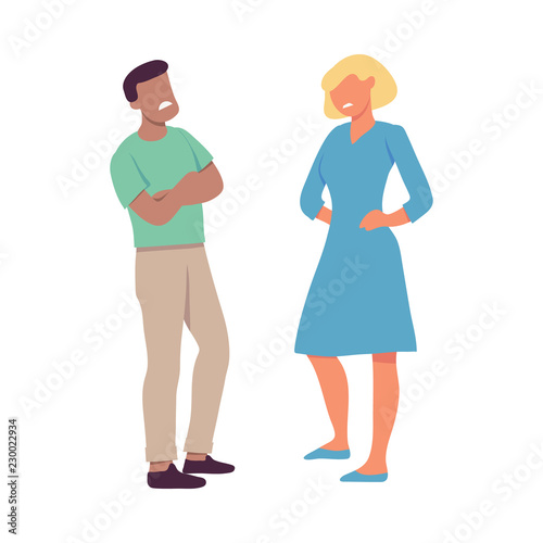 Vector illustration of two people who are disgusted with each other in flat style isolated on white background. Male and female characters feeling such negative emotions as dislike and contempt.