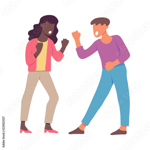 Vector illustration of quarrelling and shouting people clenching their fists in flat style isolated on white background - screaming angry male and female characters having conflict.