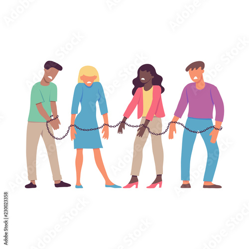 Vector illustration of bound by one chain people forced to work or be together in flat style isolated on white background. Disgust and dislike of resigned men and women to each other.