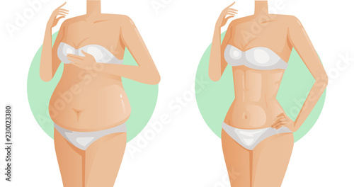Belly of women. Care of the proportion of female. Fat and slim. before and after. Overweight and weight control, Innovation center for beauty products. The contradictory emotions. vector illustration.