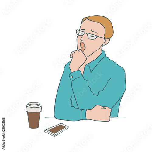 Bored man vector illustration - young male character yawning while sitting at table with paper cup of coffee and mobile phone in sketch style isolated on white background.