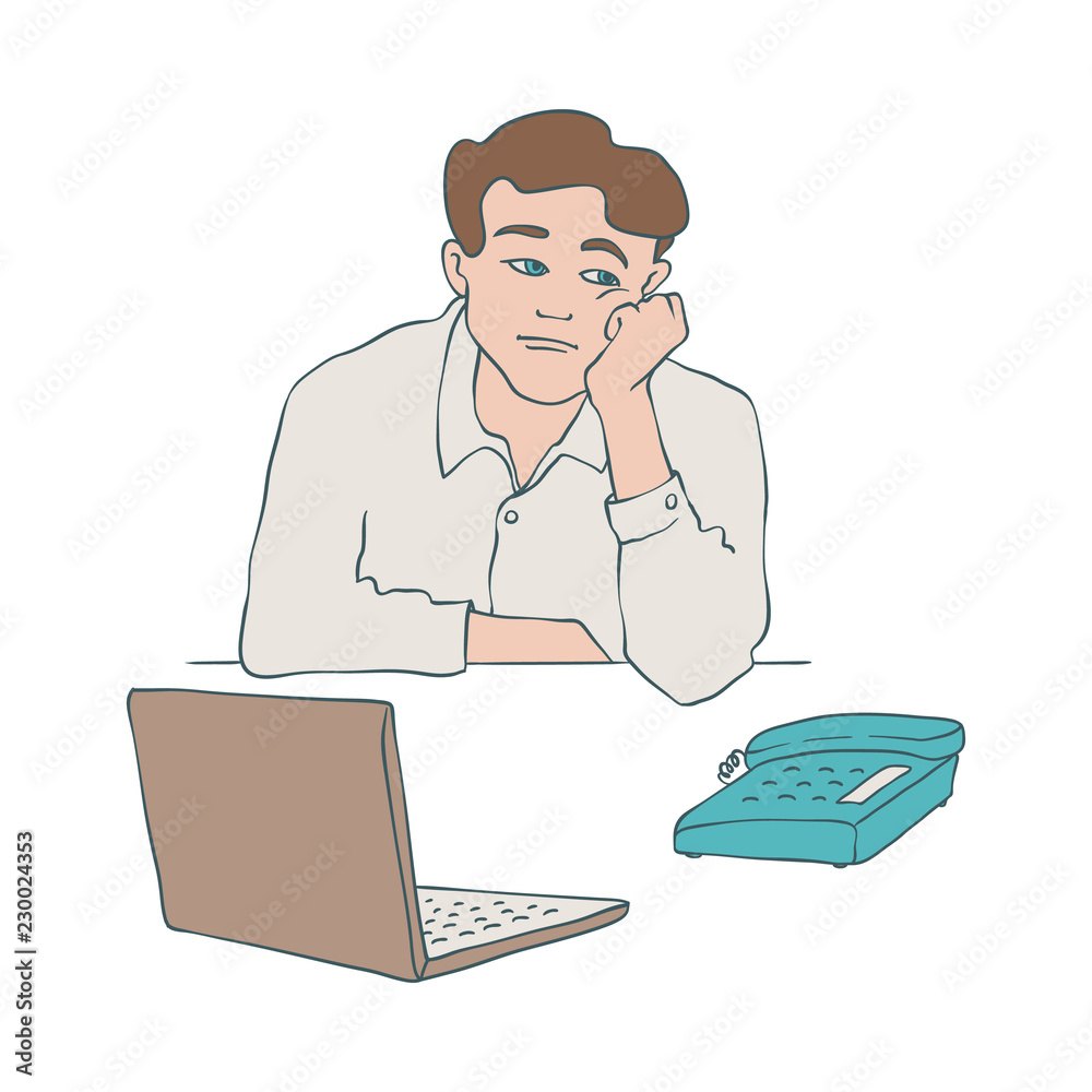 Bored man vector illustration of young male character sitting at table with laptop and phone and leaning his head on his arm in sketch style isolated on white background. Bored man vector illustration of young male character sitting at table with laptop and phone and leaning his head on his arm in sketch style isolated on white background.
