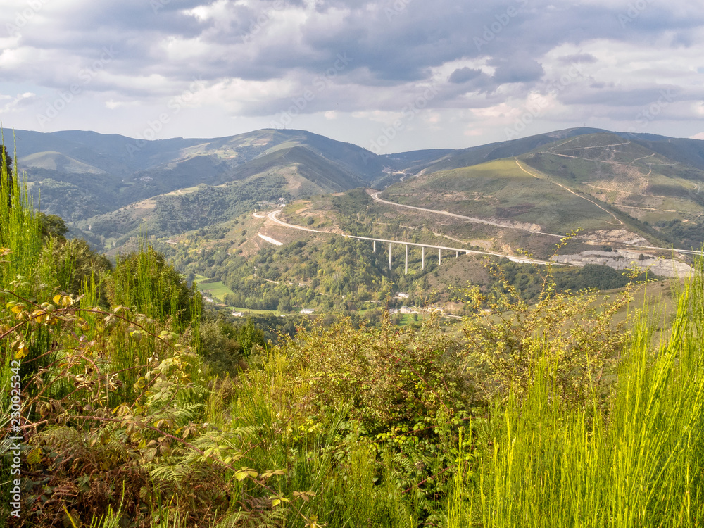 View of a viaduct on the A-6 Northwest Highway from Camino Dragonte - Las Herrerias, Castile and Leon, Spain