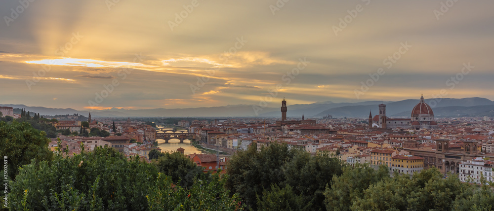 View of the city of Florence, Italy under sunset, viewed from Piazzale Michelangelo