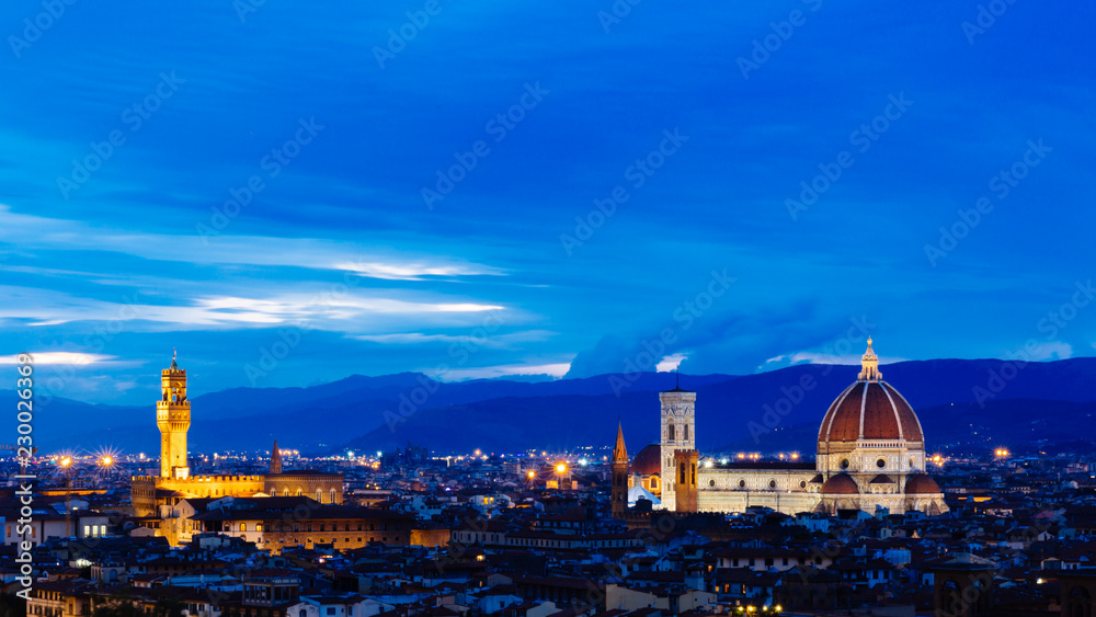 Florence Cathedral, Palazzo Vecchio, and the city of Florence, Italy at night