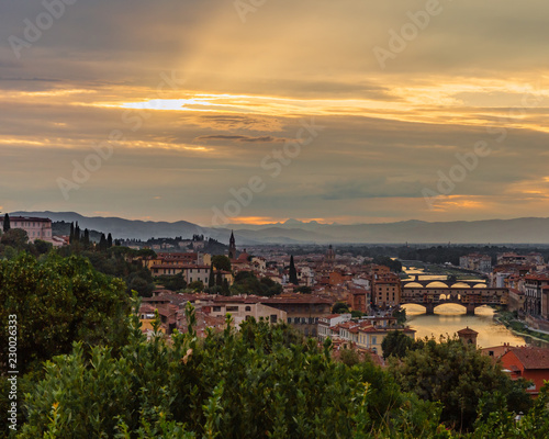 View of the city of Florence  Italy under sunset  viewed from Piazzale Michelangelo