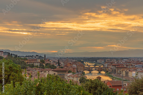 View of the city of Florence, Italy under sunset, viewed from Piazzale Michelangelo