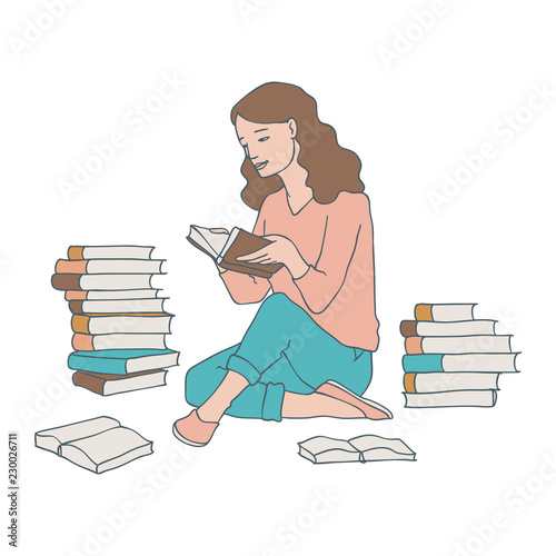 Vector illustration of reading woman sitting on floor with stack of books with hardcover in sketch style isolated on white background. Hand drawn studying or relaxing young girl.