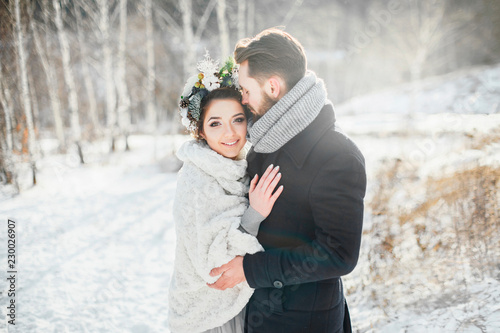 Wedding in winter. Snowy Sunny day.