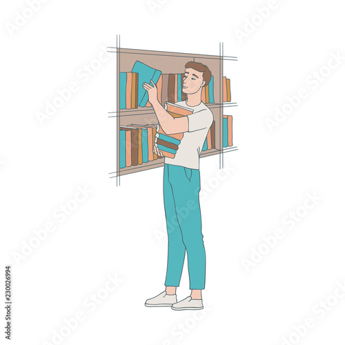 Vector illustration of man in library in sketch style - hand drawn boy standing near bookshelf and choosing literature to read isolated on white background for education or literary leisure concept.