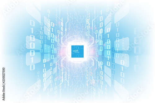 eSIM card chip sign. Embedded SIM concept. New mobile communication technology and  processor background circuit board vector illustration