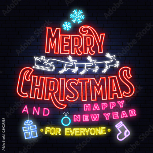 Merry Christmas and 2019 Happy New Year neon sign with angels, santa claus in sleigh with deer and christmas gifts.